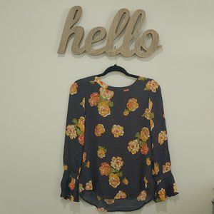 HP!! 🔅 Gray Pleated Sleeve Floral LOFT Blouse (XS)
